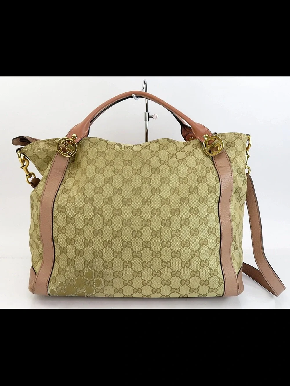 Gucci Beige GG Canvas Tote with Brown Leather Accents